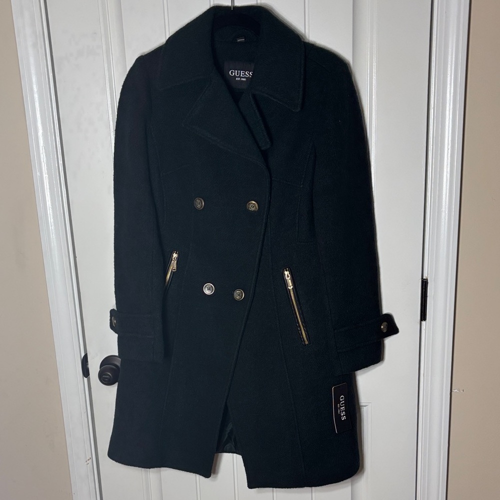 GUESS Women's Black Pea Coat with Gold Accents